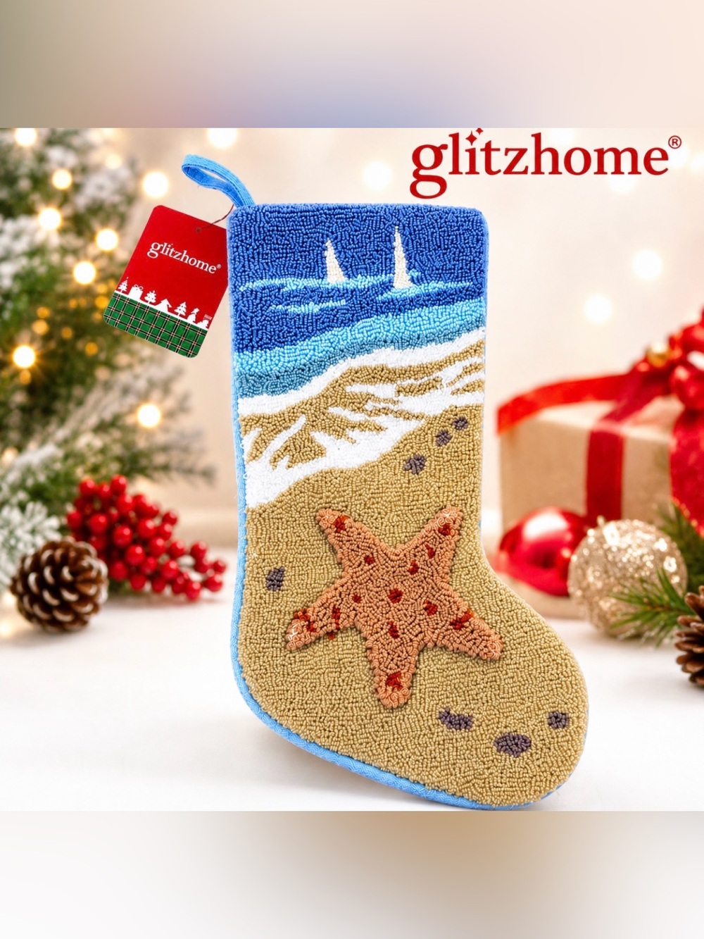 Glitzhome 19" Coastal Beach Christmas Stocking 3D Starfish Hooked Nautical NWT